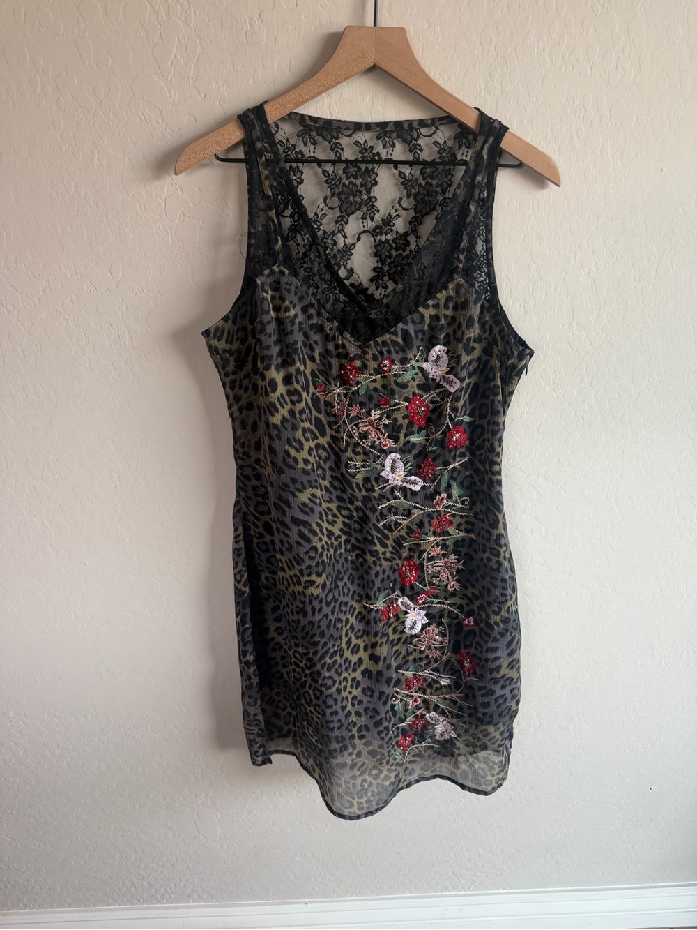 Y2K 90s Whimsigoth Vintage Animal Print Sheer Embroidered Lace Midi Dress L